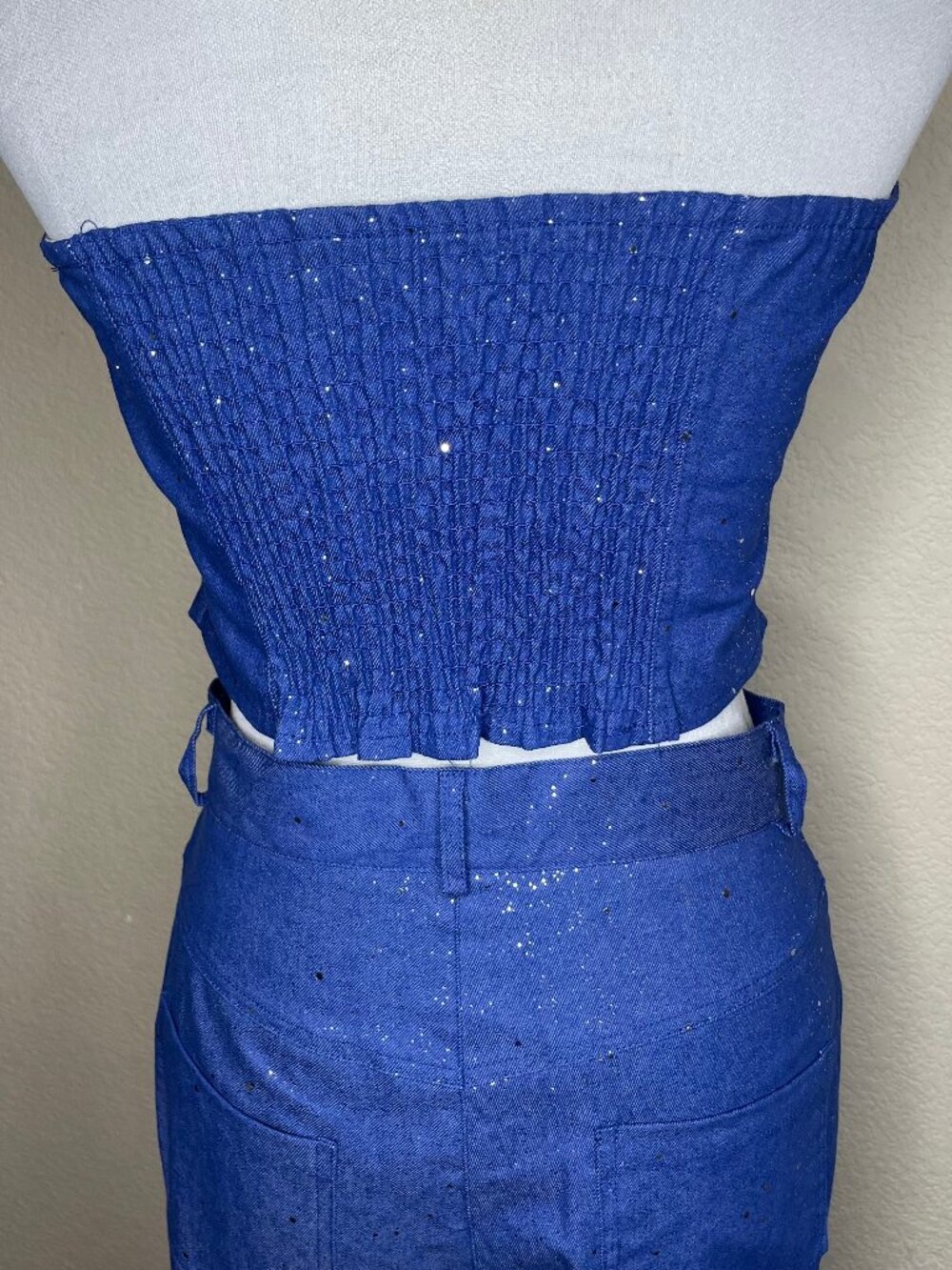 Y2K Sparkle Denim Two Piece Set Glitter Strapless Crop Top Straight Leg Pants S - Picture 8 of 13